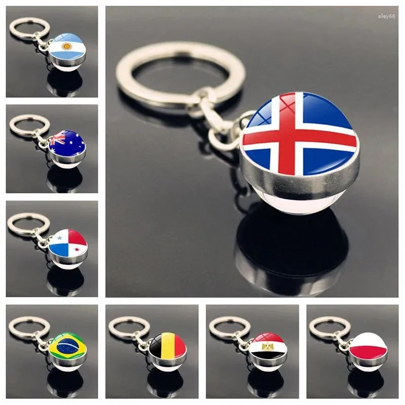 Keychains Fashion Football Flag Time Gem Metal Keychain National Double-Side Glass Ball K4070