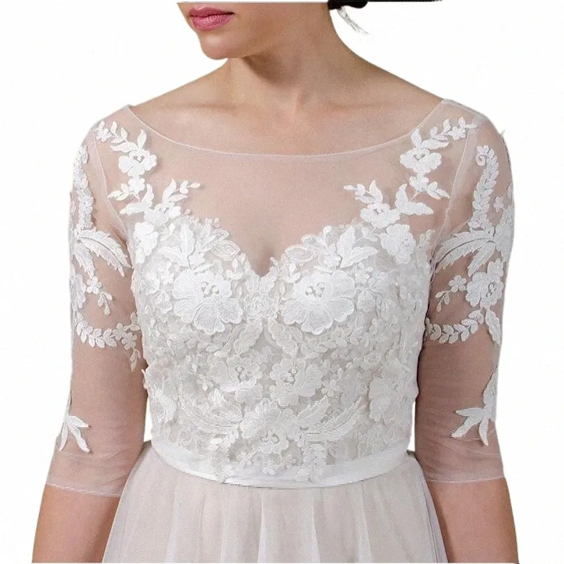 lace Appliques Wedding Shawl Bolero Wedding Jacket Bridal 3/4 Sleeve White Ivory Top Coat z7Hd#