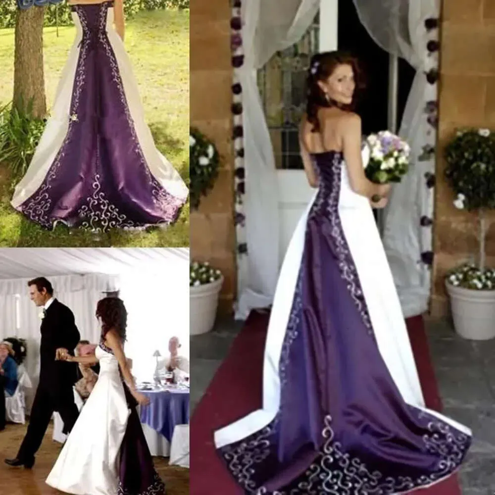 Et robes de mariée blanches violettes Pao broderie Vestido de Custom Made une ligne sans bretelles en dentelle dans la chapelle arrière