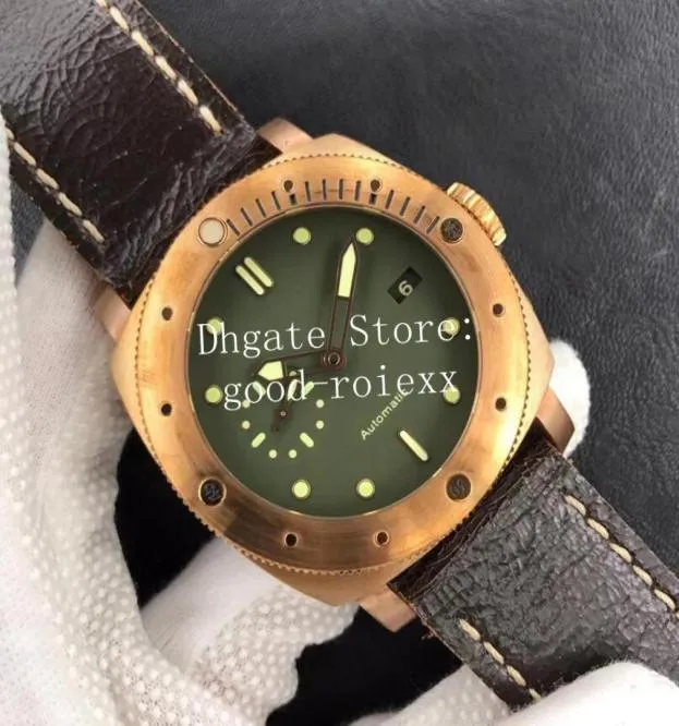 Relojes de 47 mm Men Bronce reloj Verde Dial Men039s Movimiento automático Calp9000 382 Officine Leather Vs Pam VSF Sapphire Calenda4727714