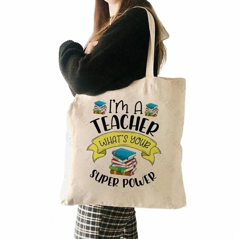 Sono un insegnante Qual è il tuo negozio Super Power Canvas Tote Bag casual riutilizzabile per la borsa di stoccaggio per la borsa del regalo dell'insegnante 02FS#