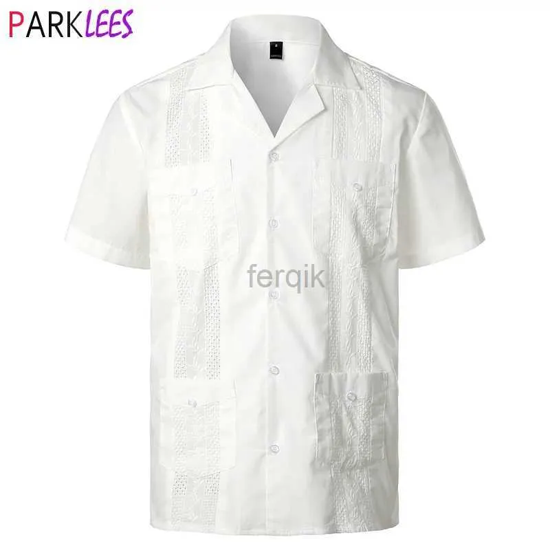 القمصان غير الرسمية للرجال معسكر الكوبي الكوبي أبيض قميص Guayabera Men أنيقة مطرزة زر المنسوجة المنسوجة المنسوجة على شاطئ الكاريبي على غرار الكاريبي 2XL 24416