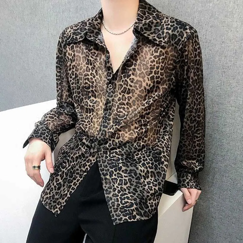 Camisas casuales para hombres para hombres sexy leopardo huella de huella en la camisa de seda de hielo en otoño