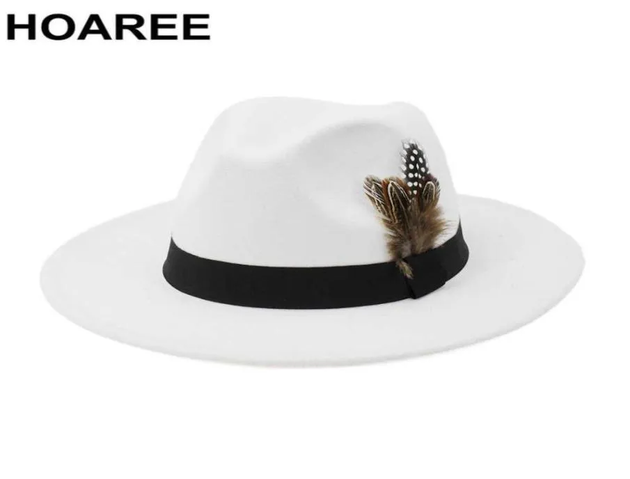 Hoaree White Wool Vintage Trilby Feelt Fedora Hat with Feathera Hat with feather women 남자 남성 교회 모자 넓은 챙 남성 여성 가을 ​​재즈 캡 Q08053456364