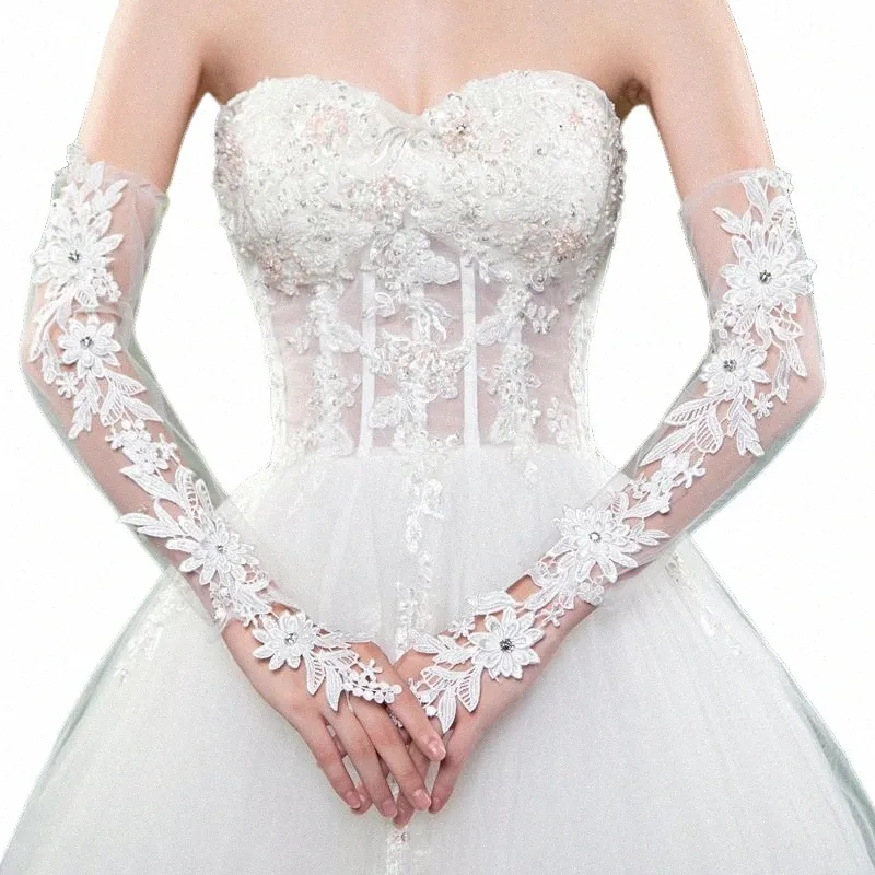Pretty Wedding Banquet LG Gloves Floral Lace Applique Opera längd Fingerl Brudhandskar Bröllop Accories Mariage S6XZ#