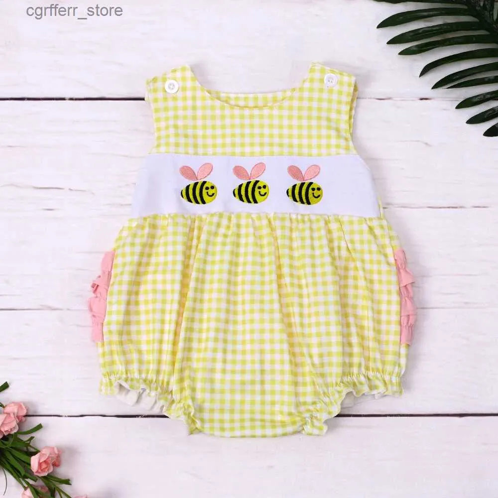 Dompers New Born 0-3t Romper Babi Girls одежда милая пчела вышивка боди наряд рукав желтые шорты розовые кружевные комбинезоны L410