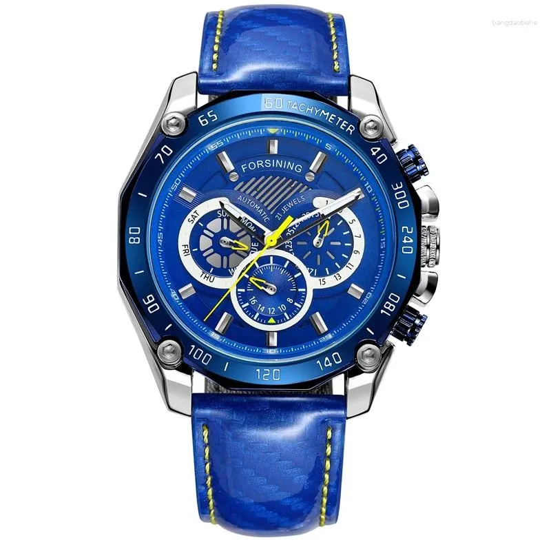 Polshorloges blauw lederen menwomen automatisch mechanisch chronograaf horloge saffierglasspiegel zakelijke sporten