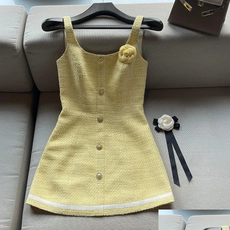 Basic Casual Dresses Womens Yellow Color Sleeveless T Woolen Flower Work Slim Waist Dress Sml Drop Delivery Apparel Clothing Otvin