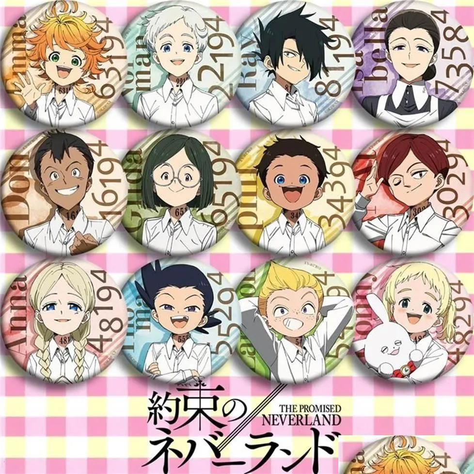 Biżuteria Pins Broothes 12pcs Japan Cartoon The Obieced Neverland Cosplay Badge Yakusoku No Emma broszka plecaków Button Prezent284y Dro DHF8L