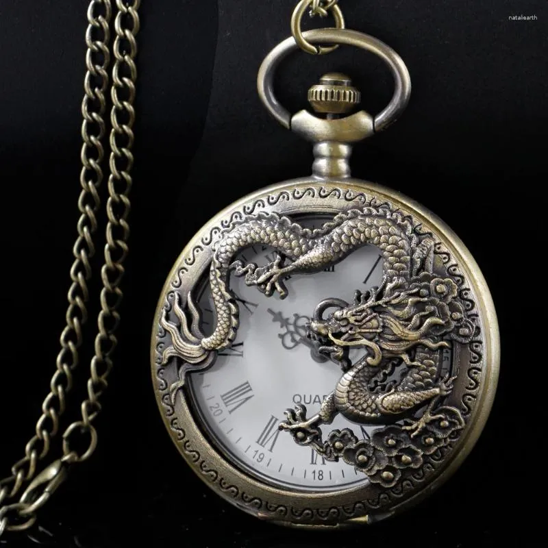Pocket Watches Antique Exquisite Flying Dragon Embossed Quartz Watch Men's Necklace Pendant Clock Women's Jewelry Accessories Gift