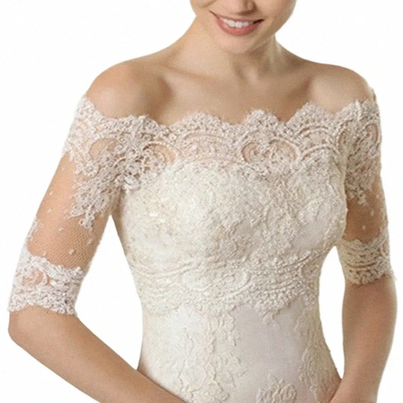 vintage Off Shoulder Custom Made Bridal Bolero White Ivory Lace Applique 1/2 Sleeve Wedding Jacket Wraps Size S M L XL Jackets 69oW#