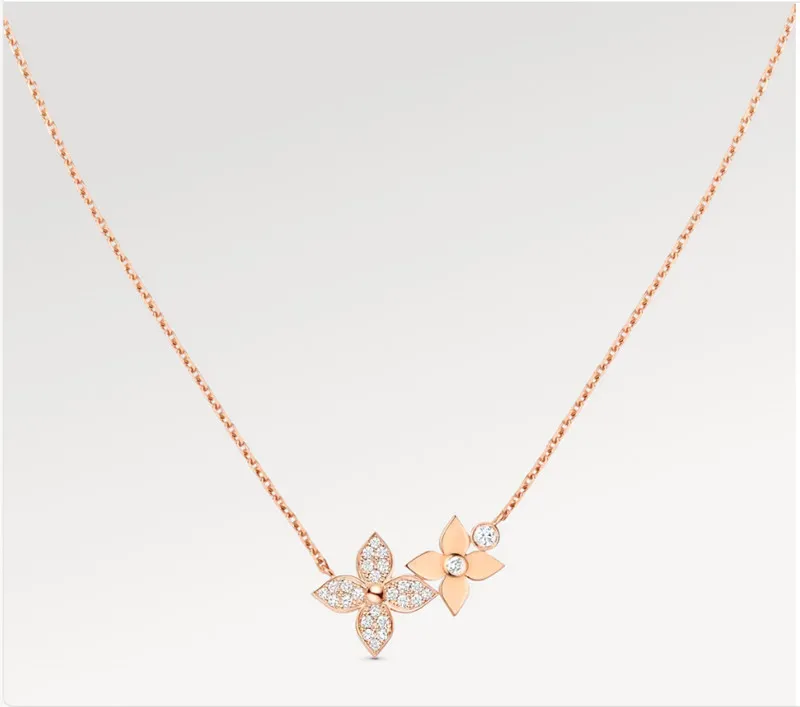 Med Box Women Luxury Designer Märke Dubbel Flower Pendant Halsband kedja Rose Gold Crystal Rhinestone Sweater Halsband för bröllop smycken tillbehör