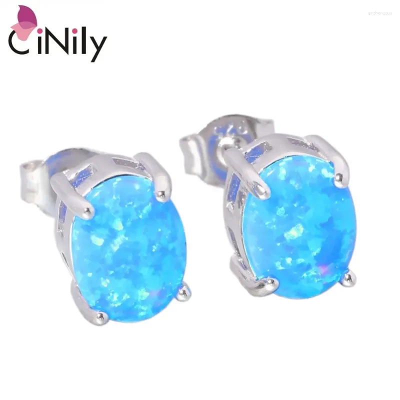 Stud Earrings CiNily Authentic. 925 Sterling Silver Created Blue White Fire Opal Wholesale Oval-Shape For Women Jewelry SE013-14