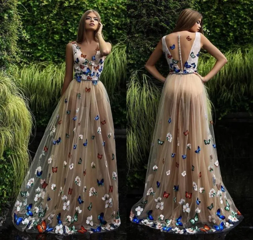 Butterfly Flower Appliqued Evening Dresses Sheer Neck Sleeveless Long Prom Dress Back Covered Buttons Arabic Formal Party Dress Cu5169542