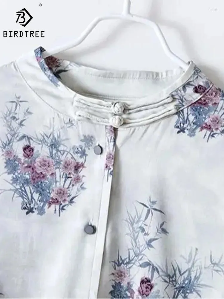 Women's Blouses BirdTree Stand Neck Flower Print Long Sleeve 90% Real Silk Shirts For Women Retro Elegant OL 2024 Spring Top T41843QM