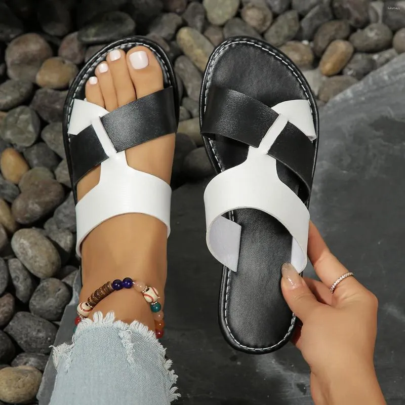 Тапочки архи поддерживают сандалии для женщин Ladies Лето простое цвет блокировки мягкий кожаный пляж Внешний клино