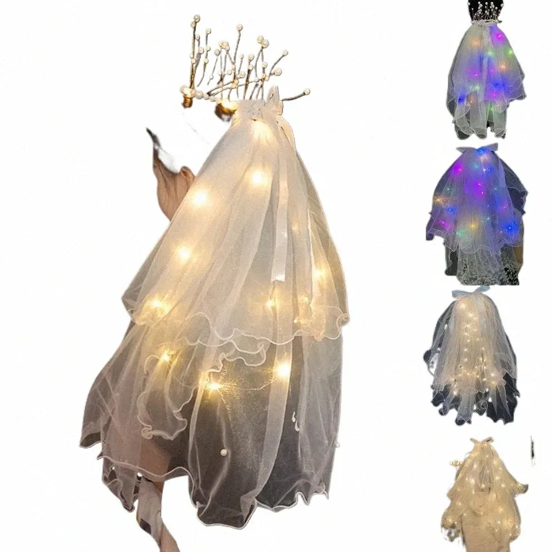 Light up véu para véu nupcial liderado na noiva com coroas elegantes e bonitas accors de cabelos para festas para mulheres 2023 Novo 97zm#