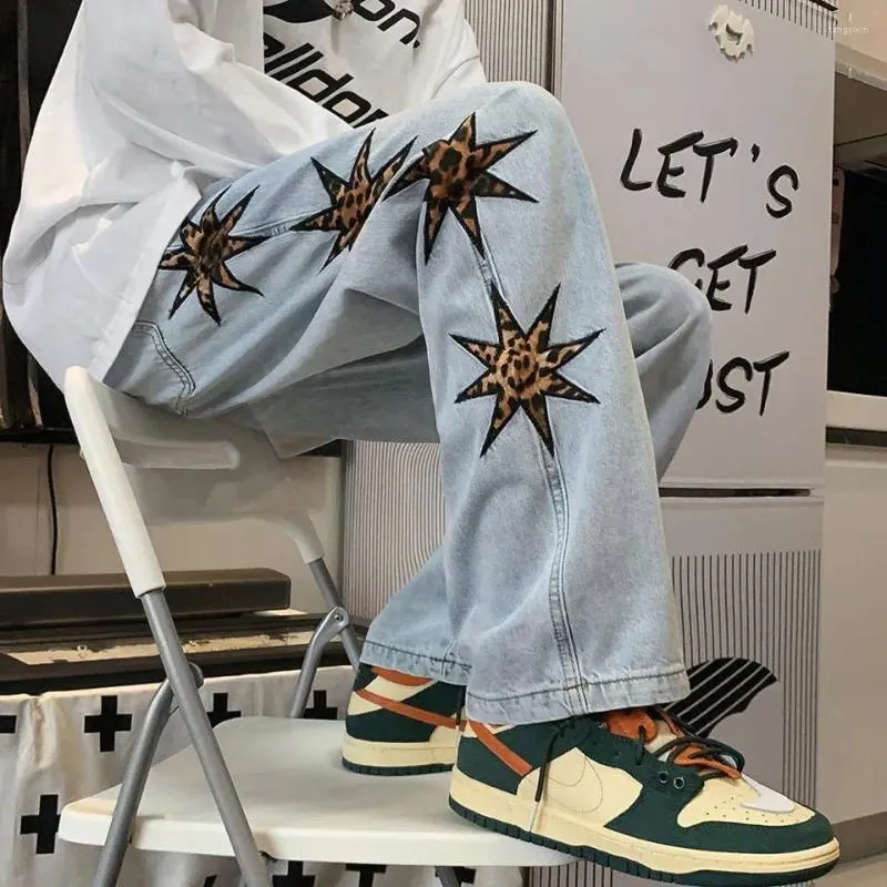 Jeans maschile foufurieux star americane star leopard uomini vintage high street pantaloni a gamba dritta donne primaverila di moda hip-hop tendenza hip-hop