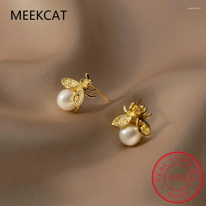 Stud Earrings Fashion Cute Gold Pearl Bee 925 Sterling Silver Piercing Trending Jewelry Women Accessories