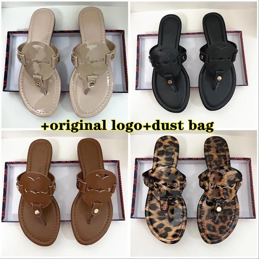 Designer Women Sandals Tories Summer Beach Slippers Modieuze kleurrijke buitenplatformschoenen Bruin Zwart Mat echt lederen slippers met stofzak 35-43