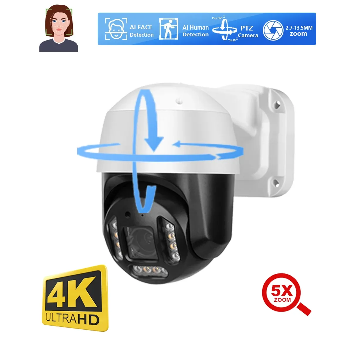 Sistema 4K PTZ Security Camera 2.713.5mm 5x Zoom óptico 8MP Ai Face Detect Basa Câmera de Audio Color Night Outdoor Poe IP para Kit NVR