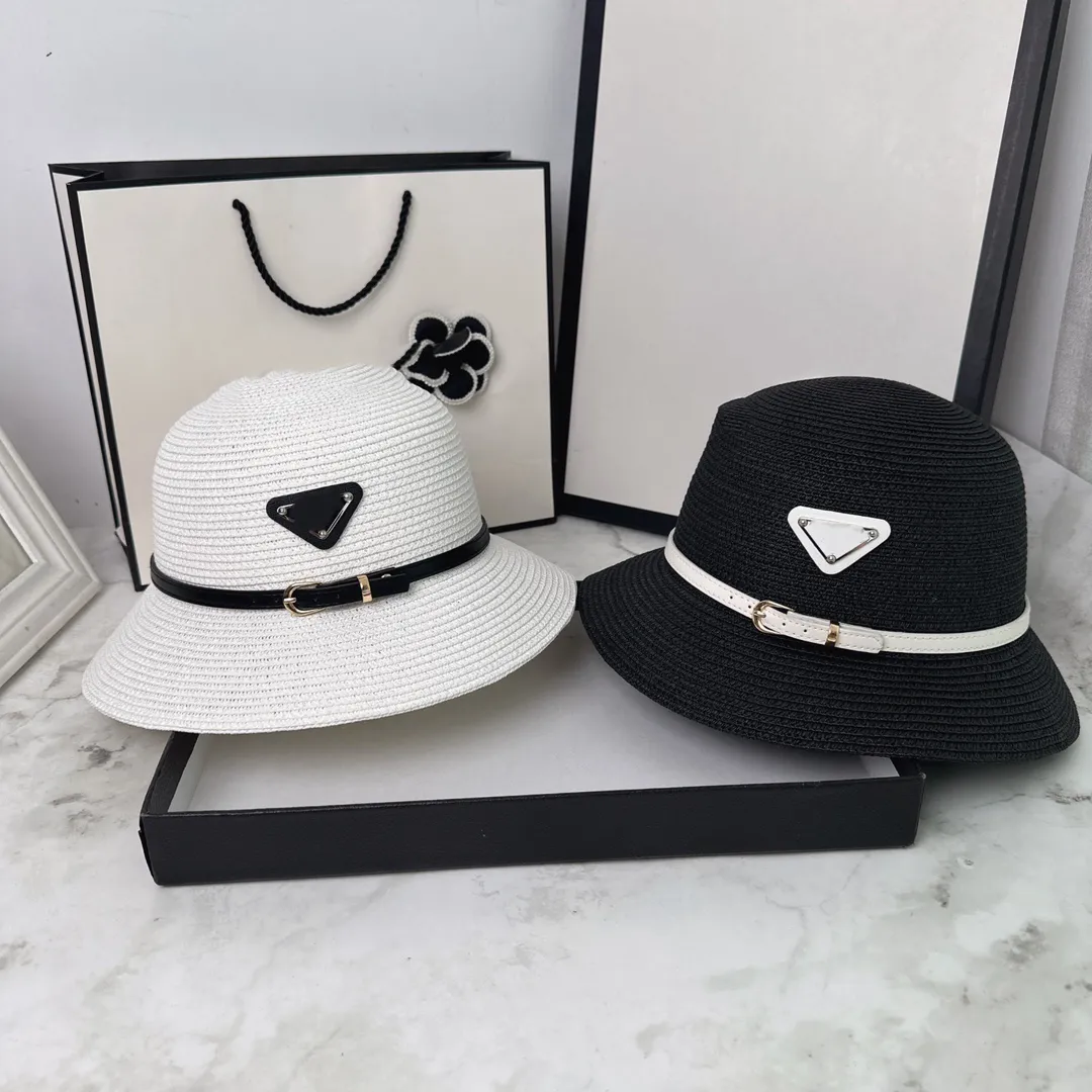 Straw Belt Hat Sun UV Bescherming Hoeden Designer Dames Wide rand Buiten strand Handgemaakt voor man Woman Cap Flat Black Beige Visor Caps