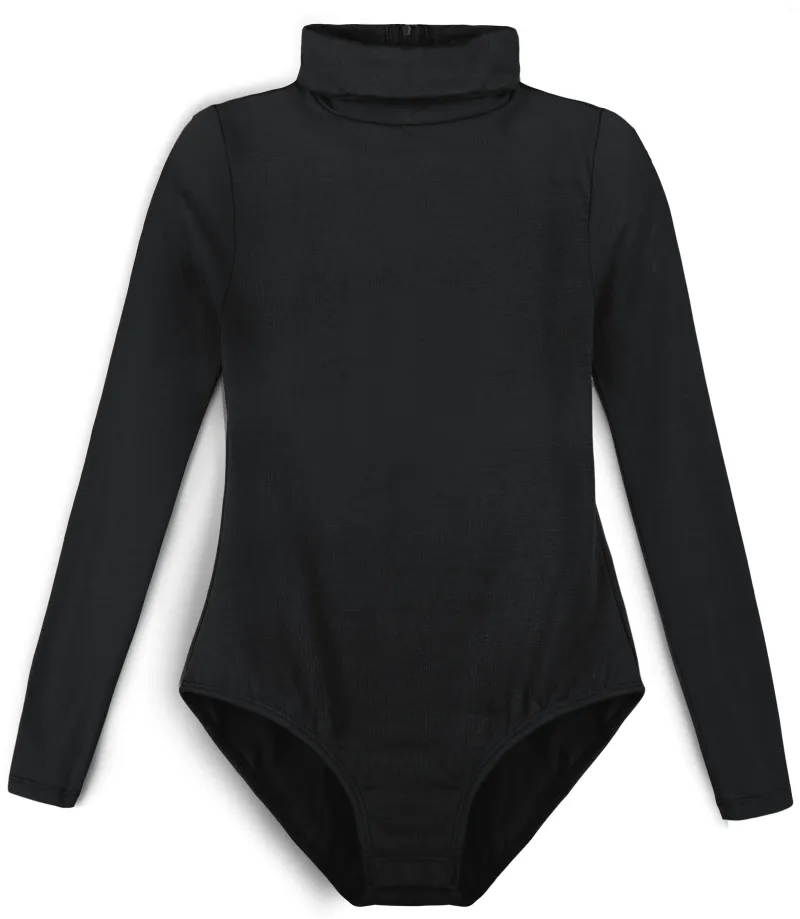 Team di abbigliamento da palco Girls Basic Turtleneck Leotard a manica lunga con snap resistenti Snap Finta di fiocco frontale