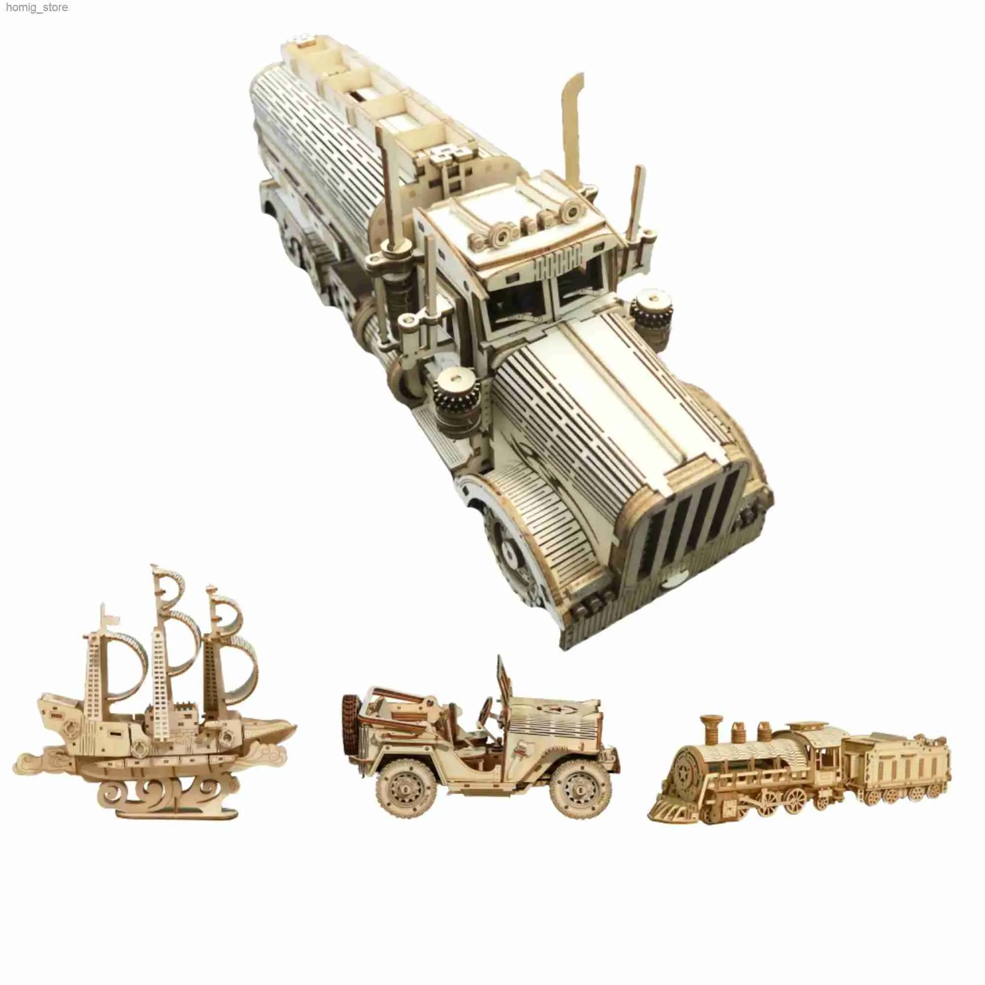 3Dパズル3D木製トラックパズルおもちゃを設定する子供たちを組み立てるコンストラクタービルディングブロック男の子と女の子のためのカーモデルギフト列車船キットY240415