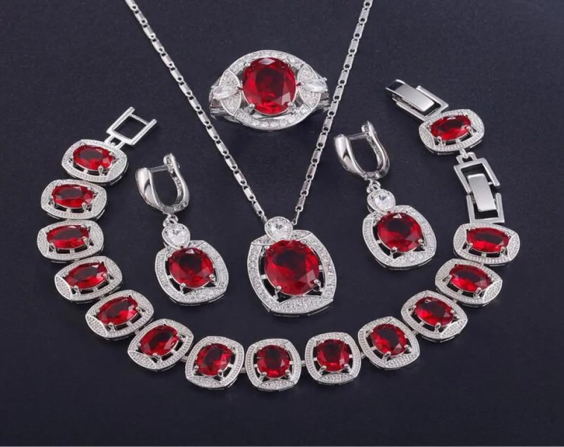 Vierstuk Sieraden Vierstuk Fashion Set in Sterling Silver Earring ketting Oval Bracelet Rose Red2503663