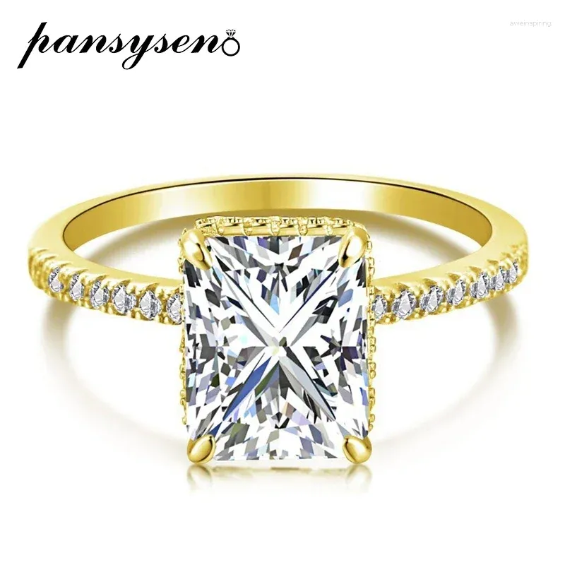 Pierścienie klastra Pansysen 925 Sterling Srebrny 4CT Radiant Cut wysoko węglowy Diamond Pierdzieżę zaręczynową 18K Gold PlATE BINEGRY Prezenty