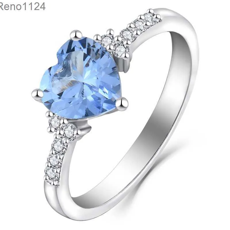 Hög kvalitet 925 Sterling Silver Blue CZ Ring Womens Romantic Heart-Shaped Ring Rhodium Plated Diamond Stone