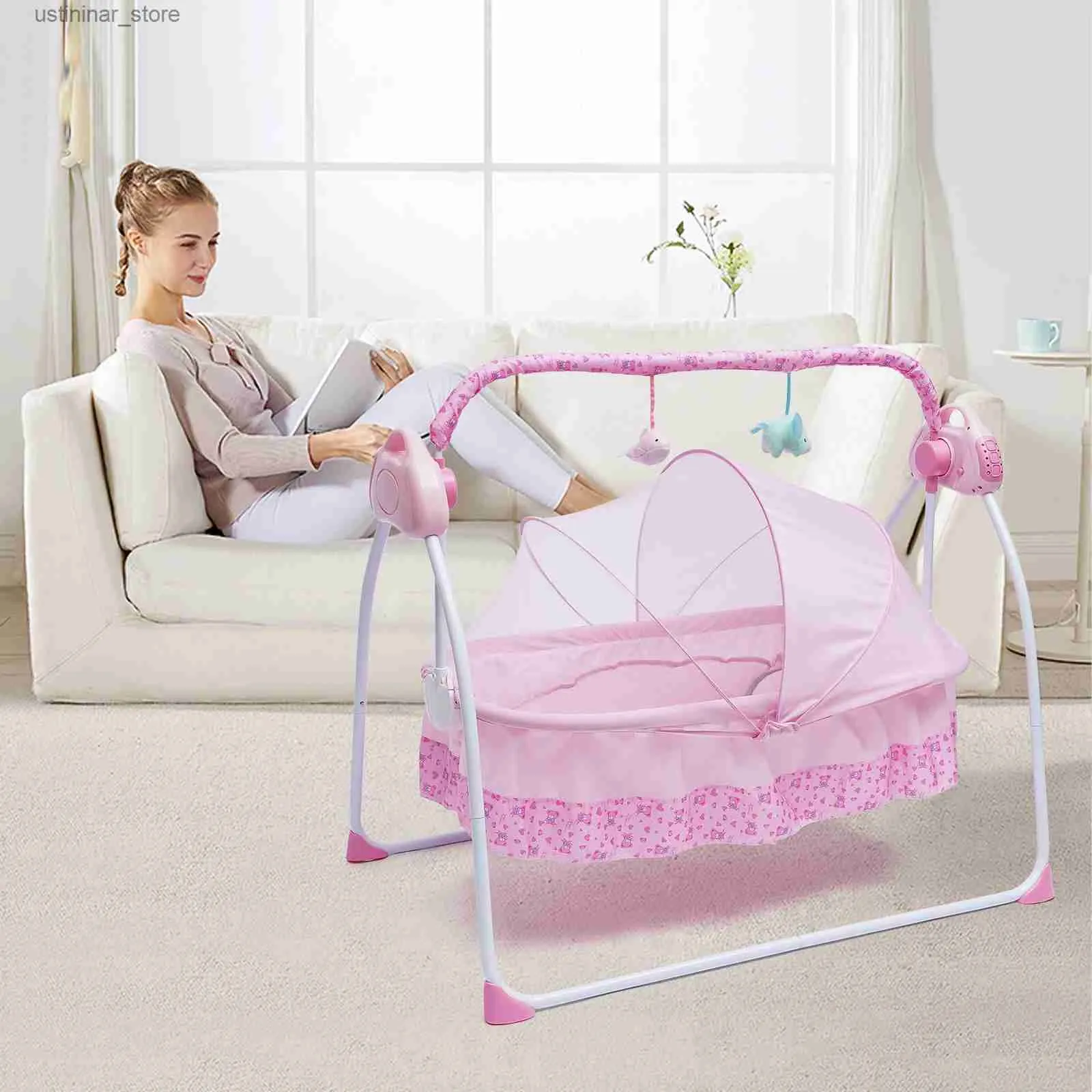 Baby Cribs 5 Gears Adjustable Baby Crib Cradle Electric Auto-Swing Rocking Bassinet Timer Bluetooth Nursery Furniture + Mat L416