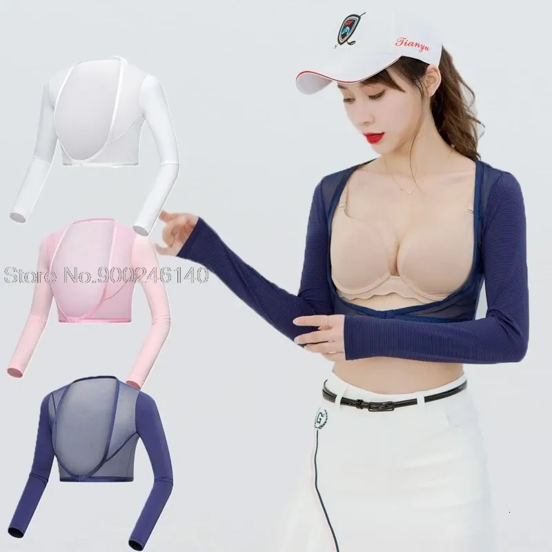 Women golf cape rękawy Lycra lód ochronę UV Tops panie letnie krem ​​do mankietowej koszuli z przyciętymi ubraniami 240416