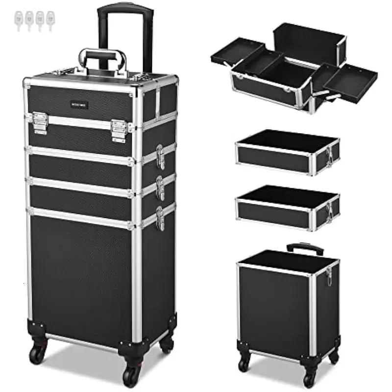 Byootique Rolling Makeup Train Case 4IN1 COSMETIC TROLLEYオーガナイザー旅行ロック可能なサロンバーバー旅行カートトランク240416