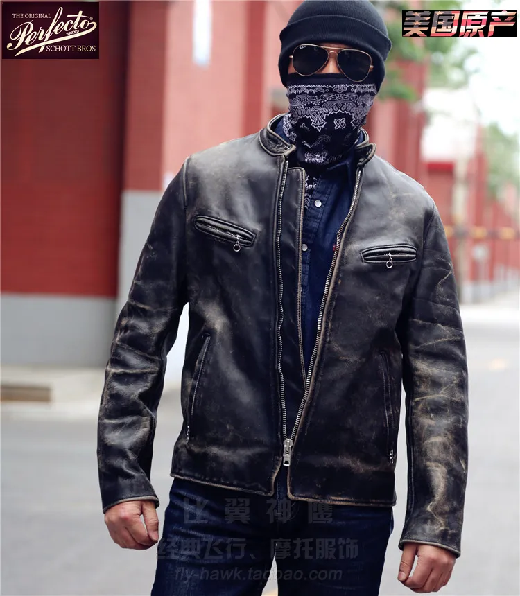 Mens Jackets Amerikaans Schott Bronze Black Leather Cowhide Stand-Up Motorcycle Jackets