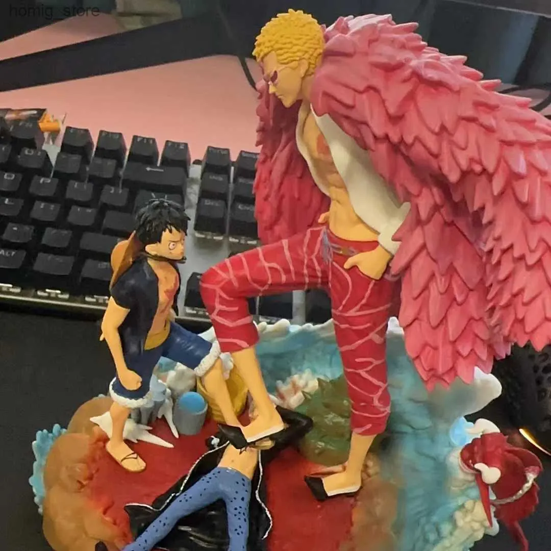 Action Toy Figures 28cm One Piece Anime Figures Aw Luffy vs DoFlamingo Little Tangde Island GK Figurer av berömda scener Modell Ornament Dekor gåva Y240415