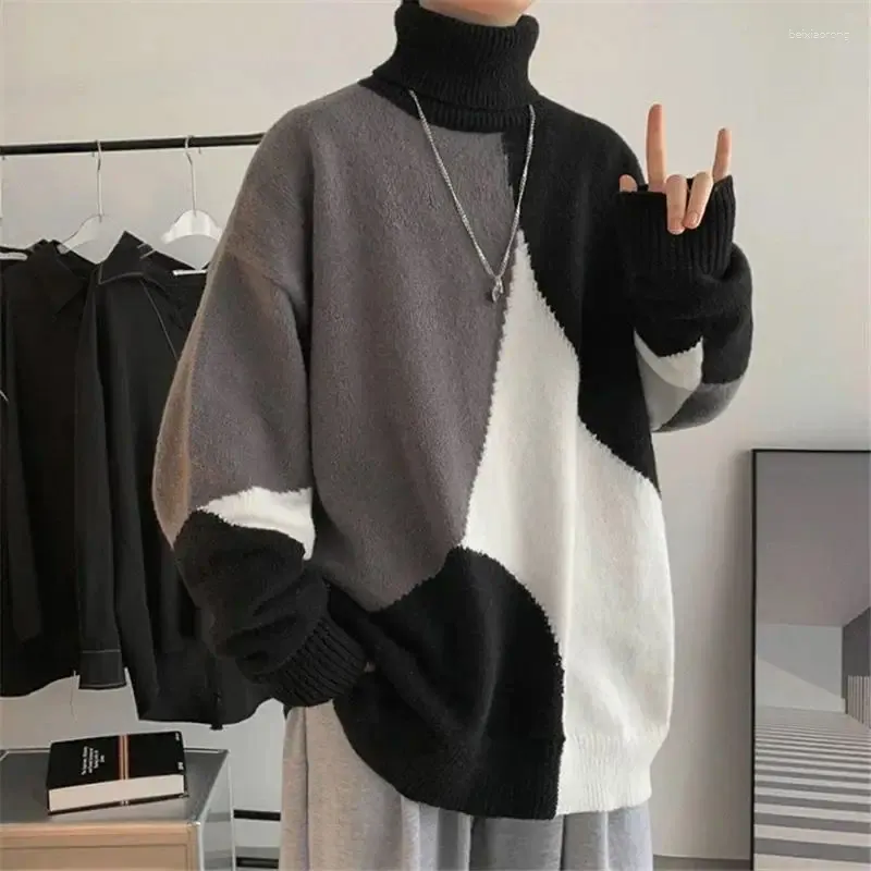 Мужские свитера 2024 Осень и зимняя модная панель с высокой шеей толстые свободный расслабленный удобный универсальный топ