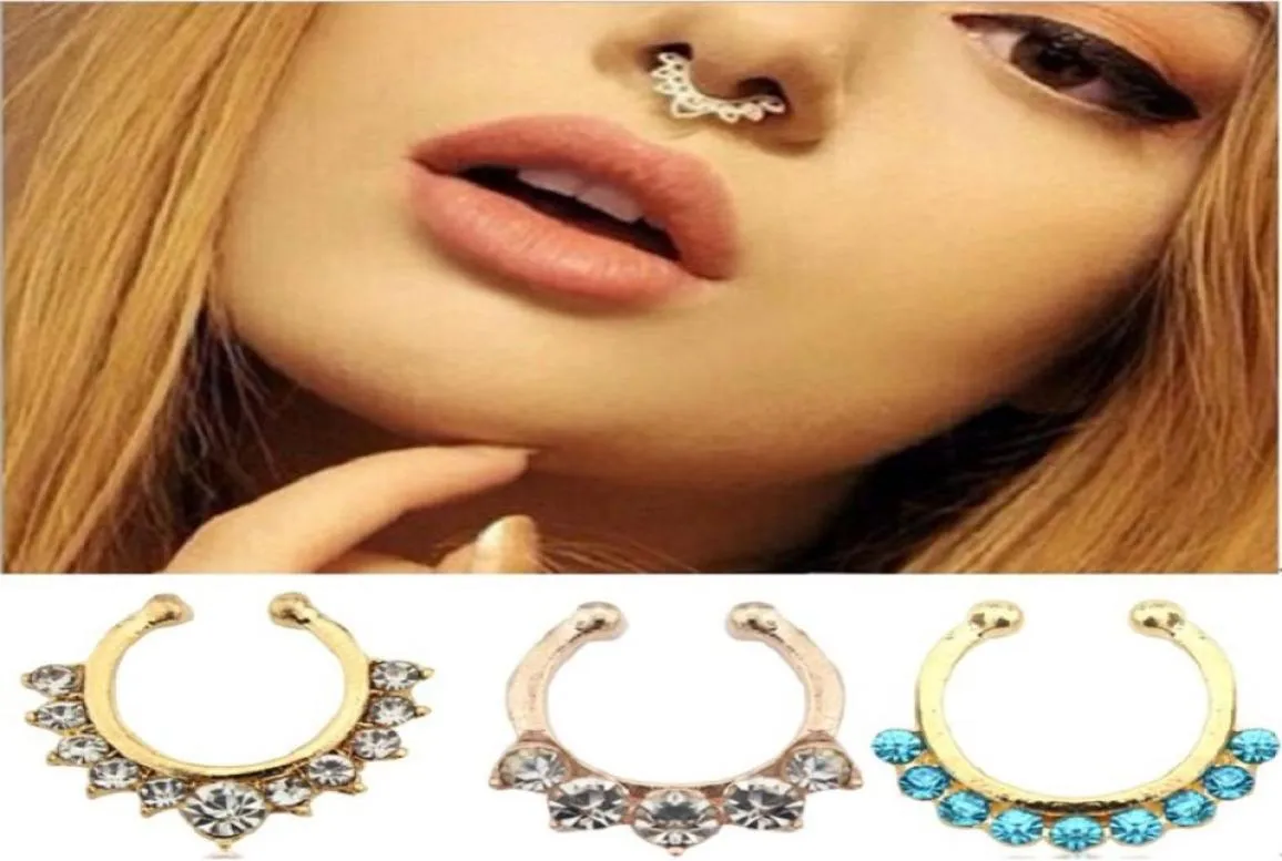 100pcslot Crystal fake septum Nose Rings piercing clip on body jewelry faux hoop Ladies nose Studs for women Fashion Jewelry8322172