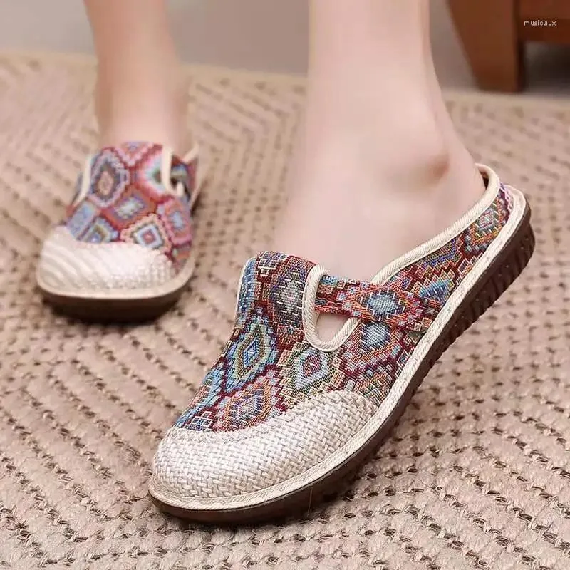 Casual Shoes Womens Ethnic Style Slippers Fashion Women Shoe Wedge Cloth With Soft Soles Walking Slip-on Mules Zapatilla De Mujer