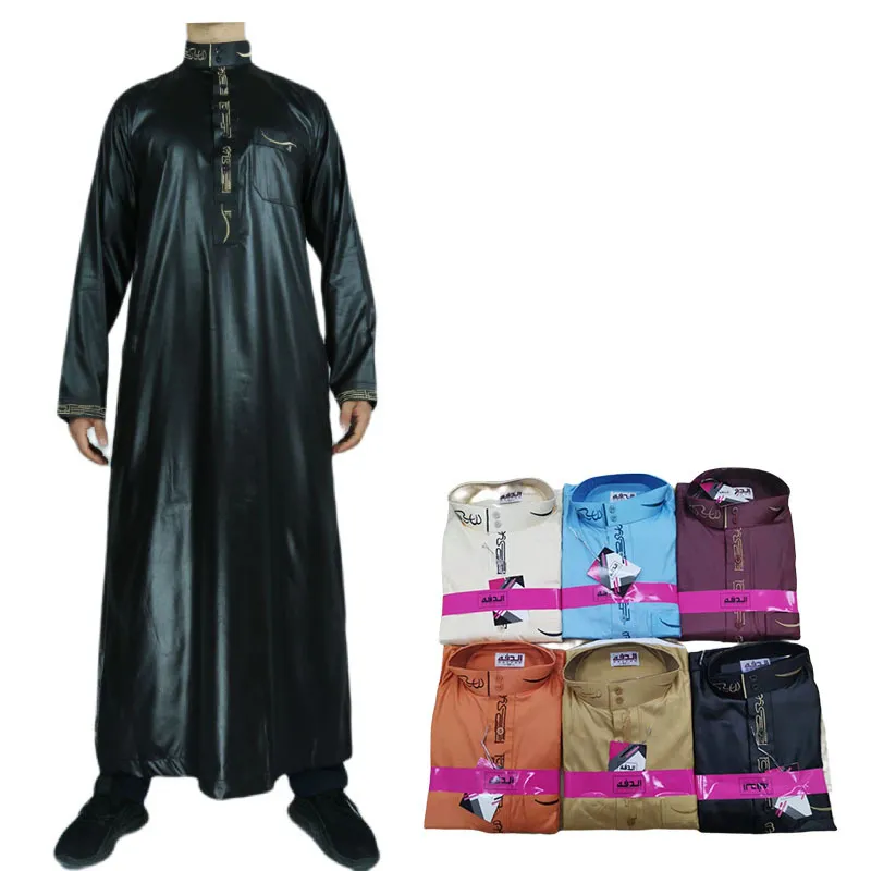 メンズブライトポリエステルスタンディングカラー中東アラブローブ、長袖刺繍祈りの服