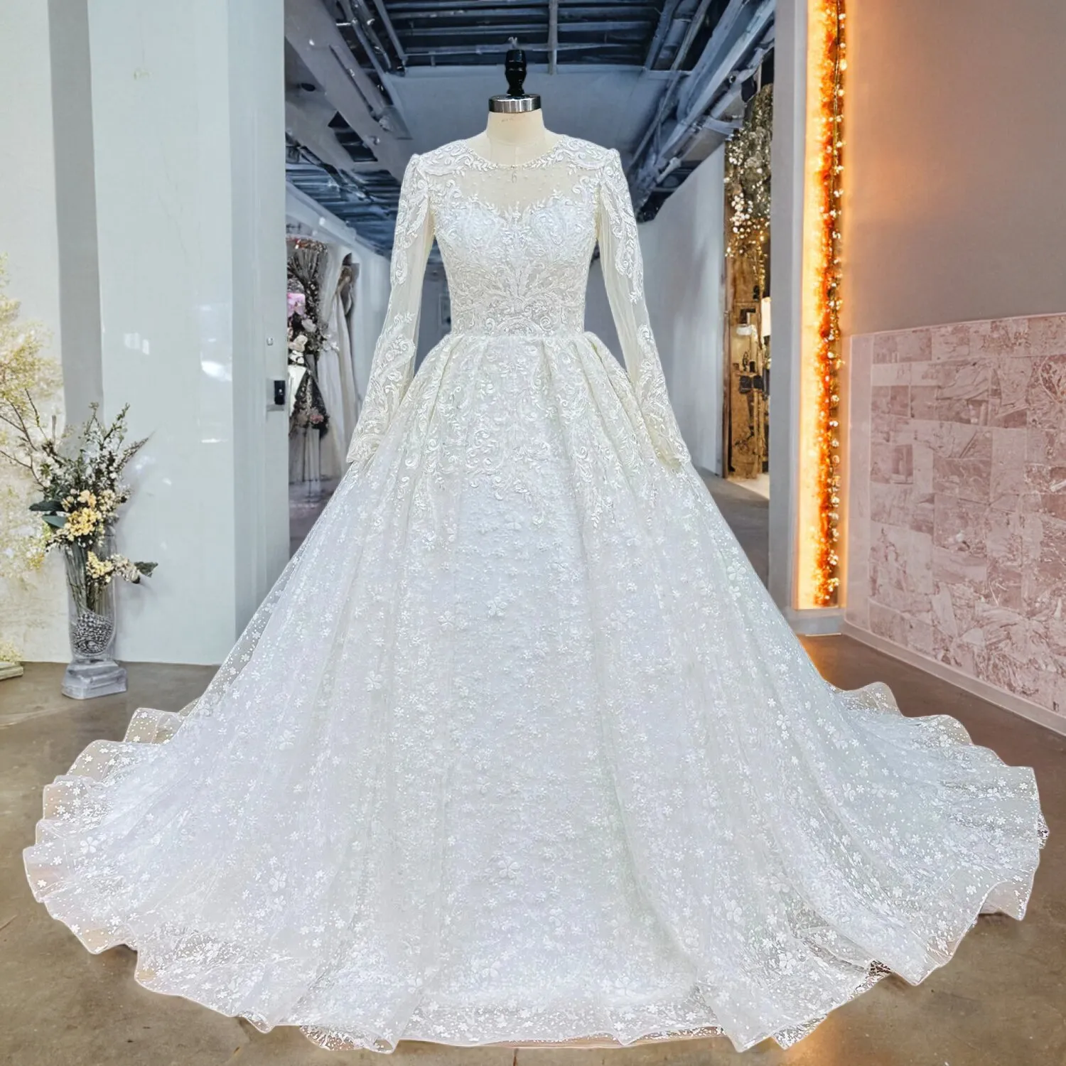 chinese dress ladies Andrea & Leo Pearl Beaded Long Sleeve Fit and Flare Long Dress A0997W Off White/Nude / 16