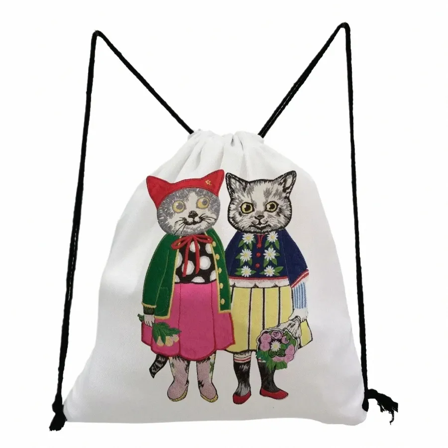 Högkvalitativ illustrati Cat Girl Print DrawString Pocket Fi Softback Bag Gift Japan Style Ryggsäck för studenter Travel C4RU#
