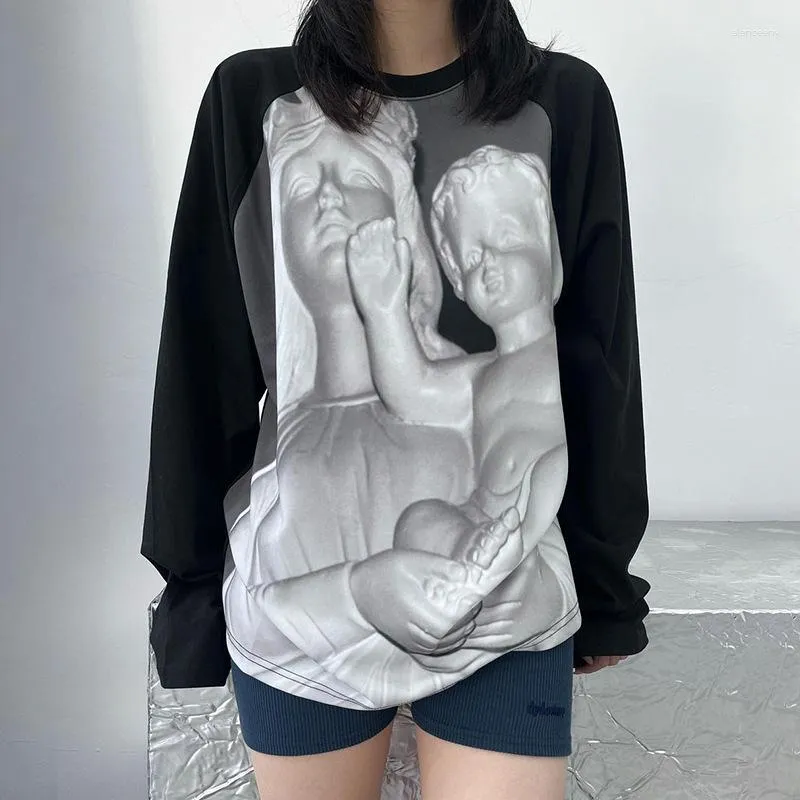 Magliette da donna in gesso vintage stampa astratta con il contrasto sciolto color t-shirt manica raglan 2024 collo rotondo a metà lunghezza di grandi dimensioni casual