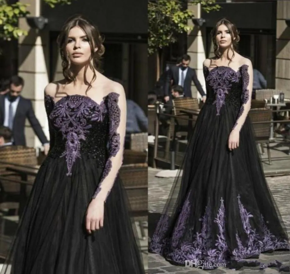 Gothic Black Spring Prom Dresses Long Sleeves Purple Crystal Beads A Line Tulle Long Formal Evening Party Dress for Ladies3879685