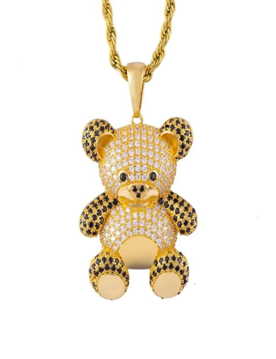 Colar de Hip Hop INS Colar Pingente de Urso CZ Full Cz 18K com colar de corrente de corda para homens mulheres presentes7234879