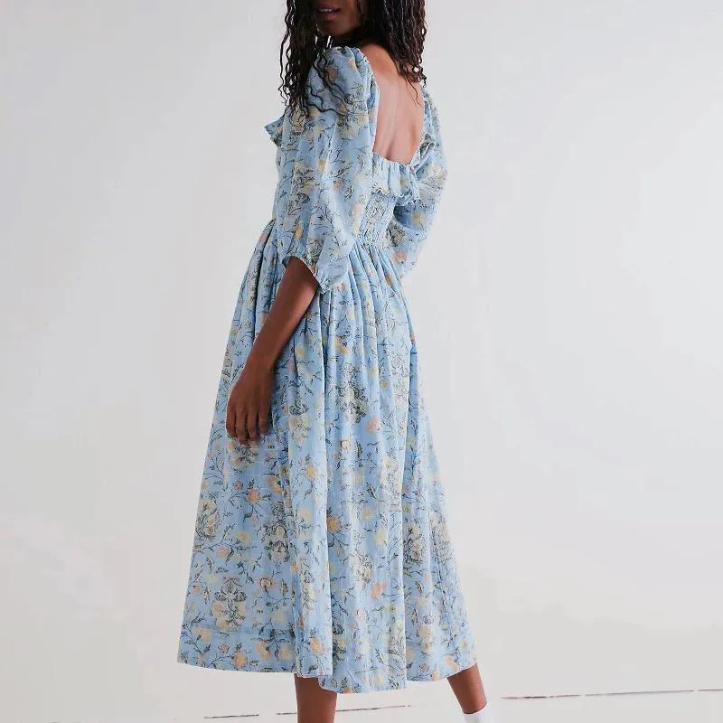 Casual Dresses Women Tiered Maxi Dress Ruffles Hem Floral Printed Pleated Boho Pullover Layered Swing Sundress