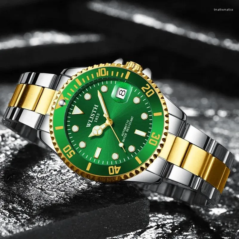 Zegarek wlisth transgraniczny zasilanie zielona wodę ducha powiększanie szklanego kalendarza świetlisty stalowy pasek automatyczny mechaniczny zegarek męski