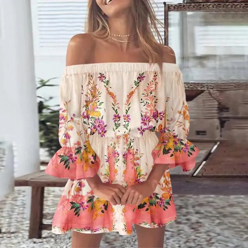 Casual Dresses Boho For Women 2024 Summer Sexy Off Shoulder Floral Print Flare Sleeve Tunic Dress Mini Sundress Vestidos