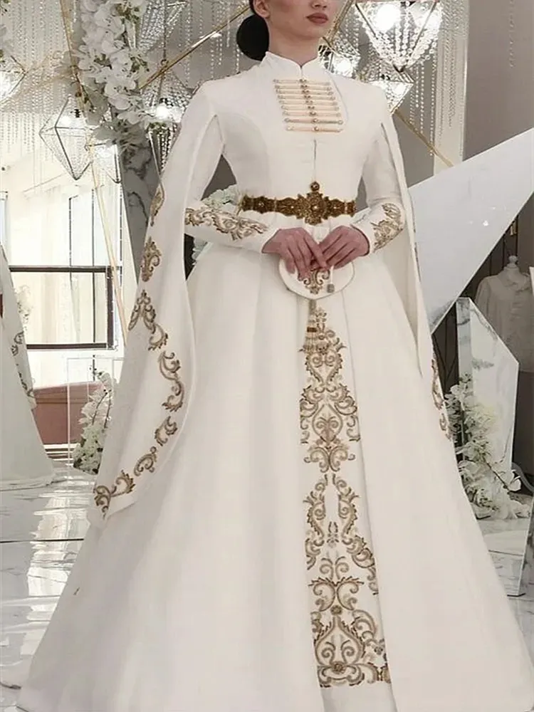 Gold Embroidered A Line Wedding with Long Sleeves and High Neckline in Ivory Satin - Elegant Arabic Kaftan for Brides in Traditional Caucasus