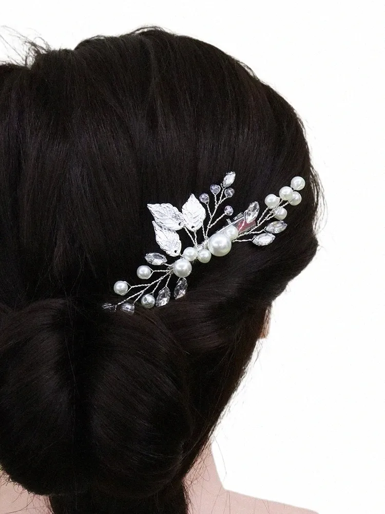 Sier Leaf Pearl Bridal Hair Clip Casual Handmased Side Clip FR Hår smycken Bröllopshår Accory för brud Accory D7B2#